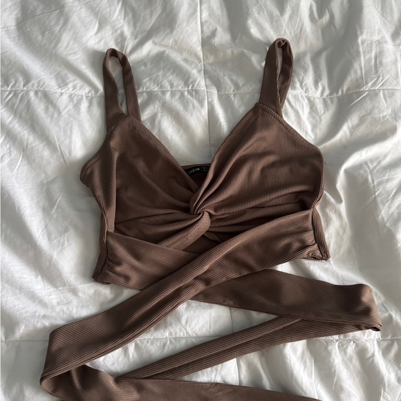 SHEIN Mocha Brown Ribbed Tie Wrap Crop Tank Top XS - Picture 1 of 11